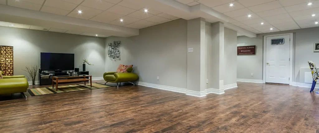 A basement with luxury vinyl plank flooring