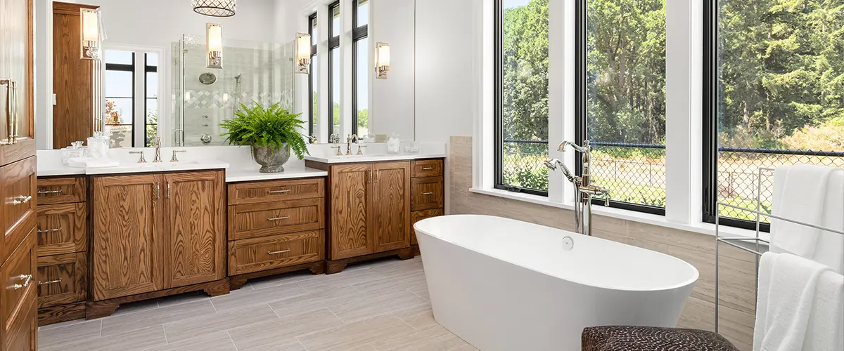 White tub in a bathroom with a double vanity that resembles wood grain
