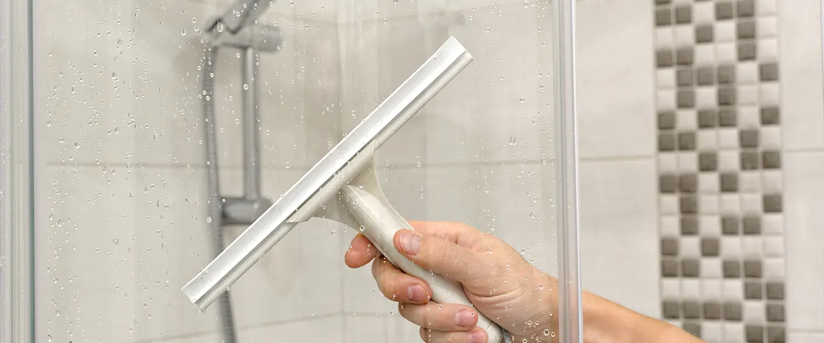 A man cleaning a shower glass panel with a special tool