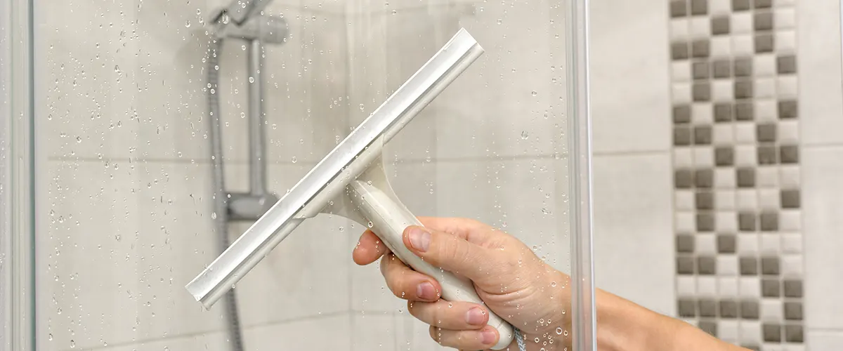 Someone cleaning a glass shower