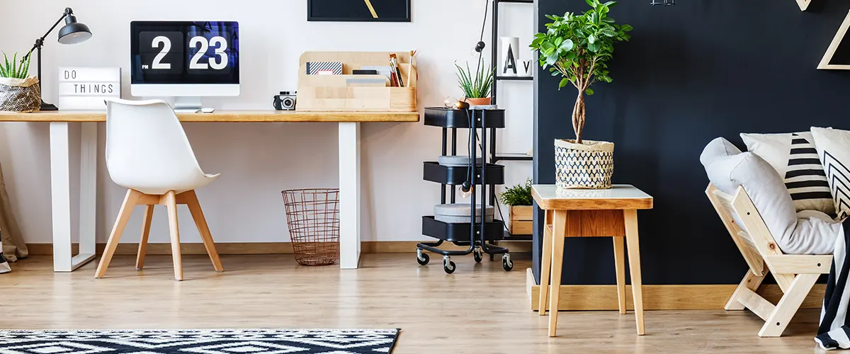A home office with a desk and a chair
