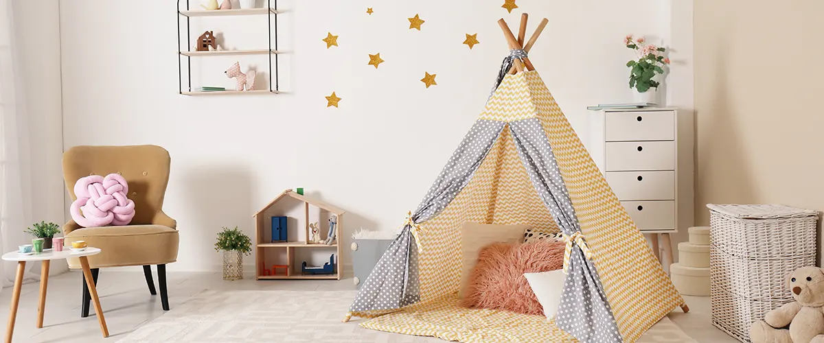 Kids playroom with tent and toys