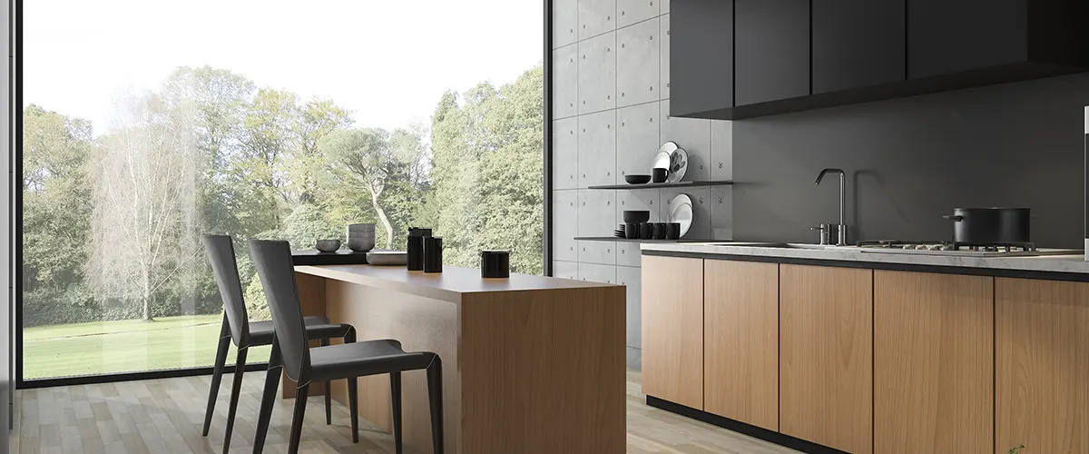 A modern kitchen with black upper cabinets and brown base cabinets