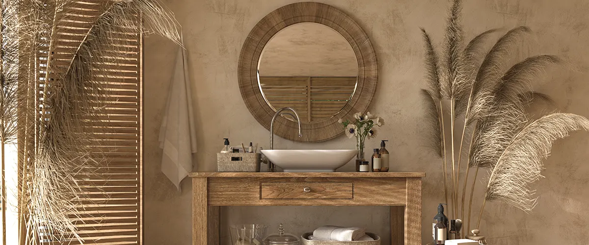 A brown bathroom with a simple vanity and dry plants