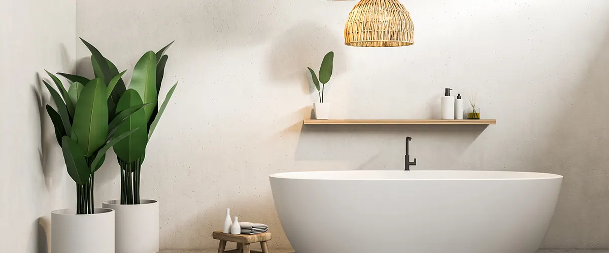 White tub with overhead lighting and two plants in a master bathroom