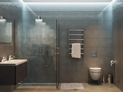 A modern bathroom with large tile and a towel heating rack