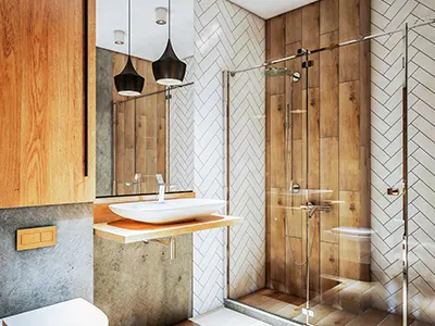 A cozy bathroom with a glass shower and wood accents