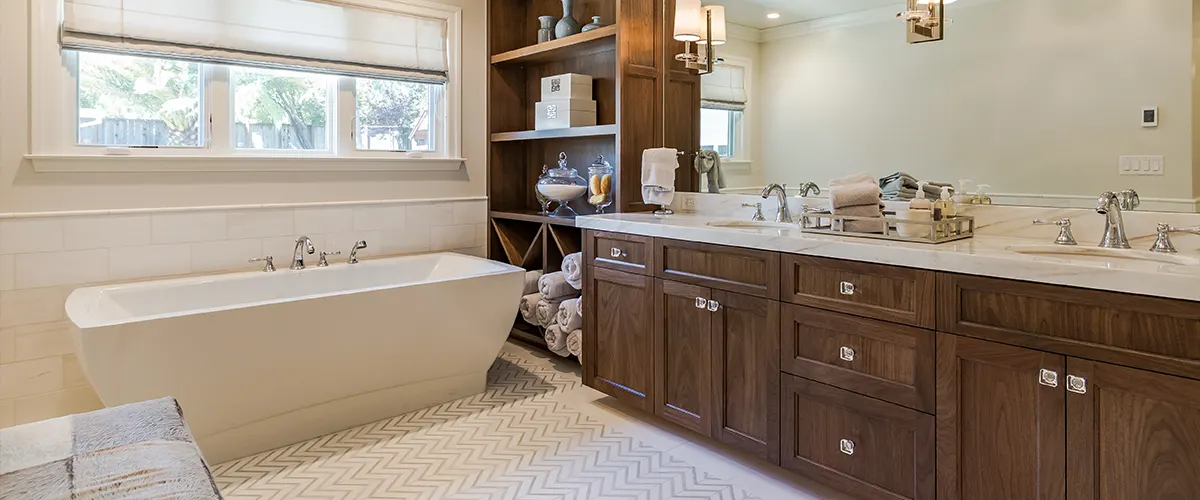 Beautiful bathroom with wooden vanity, open shelves cabinets, and a tub