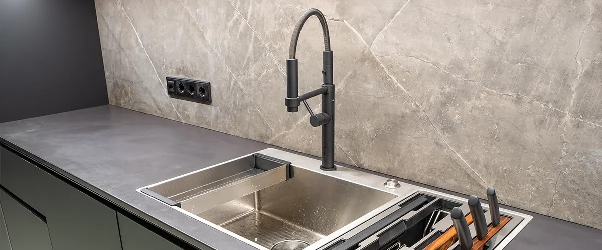 A gray faucet on a dark counter to improve kitchen efficiency