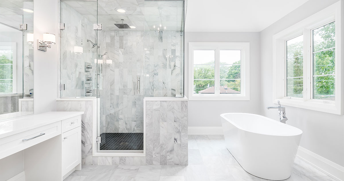 White marble bathroom remodel for Overland Park, Olathe, and Lenexa