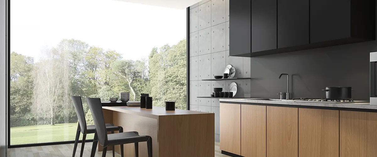 A modern kitchen with slab cabinet doors