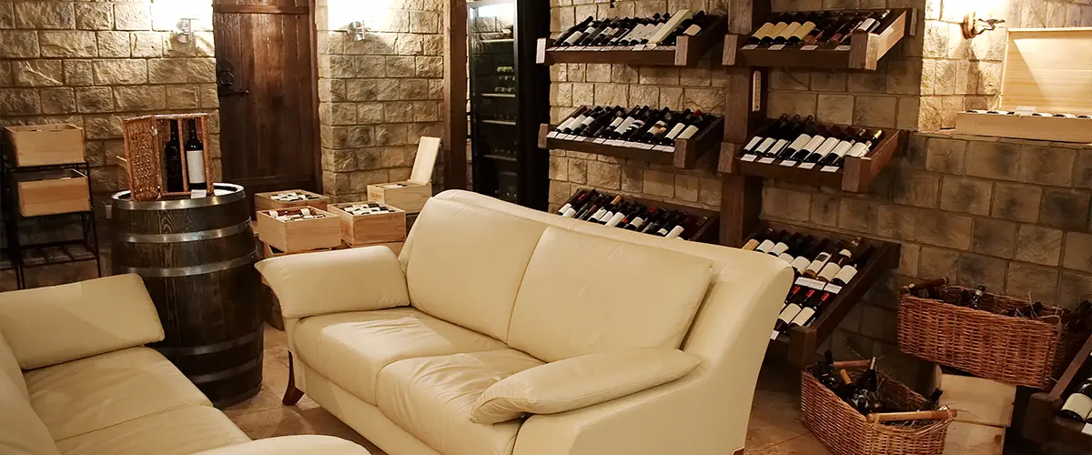 A winery in a basement with a white couch