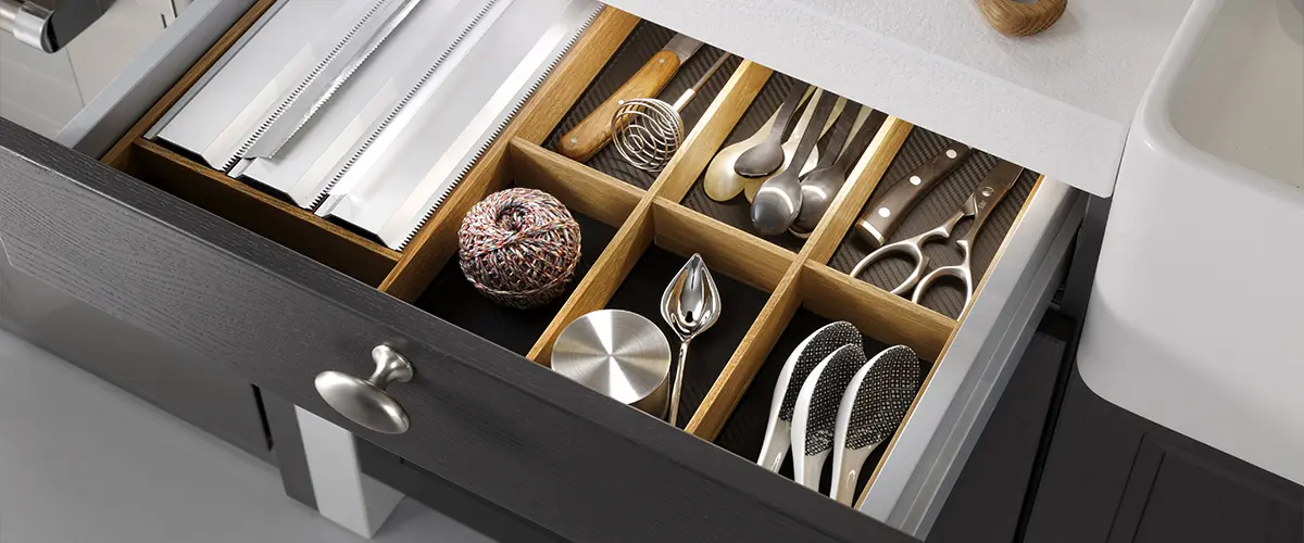 Neatly organized kitchen drawer with dividers