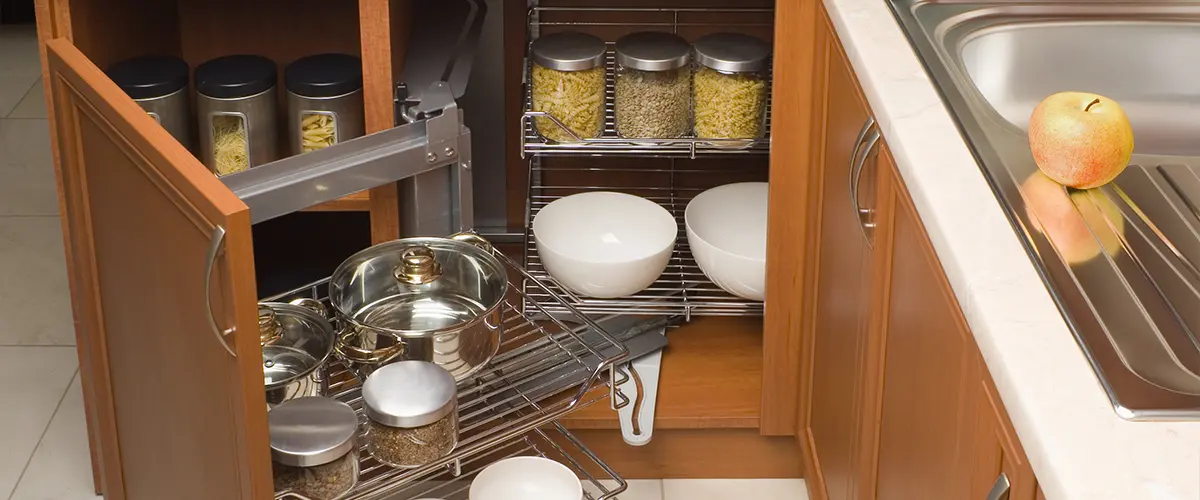 Cabinet with corner pullout that works as an extendable shelf for easy access