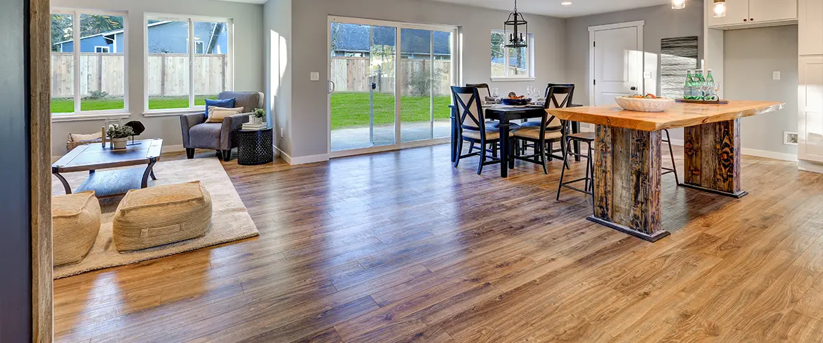 Real wood flooring in a kitchen with wood island countertop