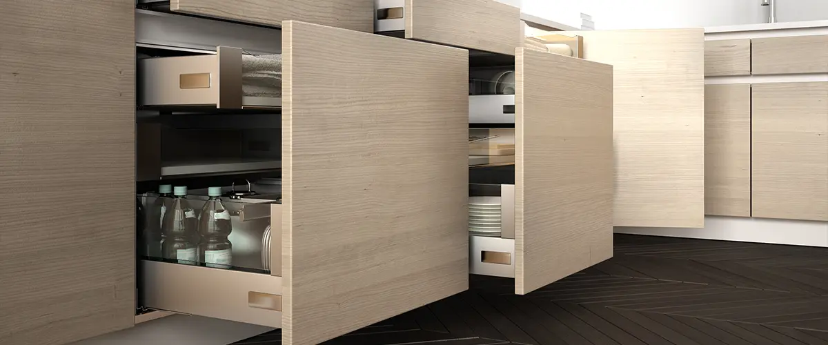 Modern cabinets with smart storage options inside the drawers