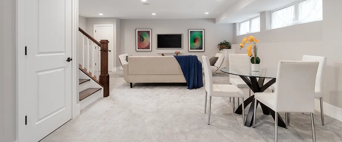 Beautiful basement with a living room and carpet floor