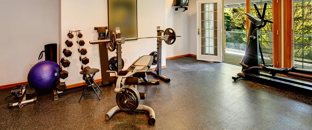 A gym in a walk-out basement