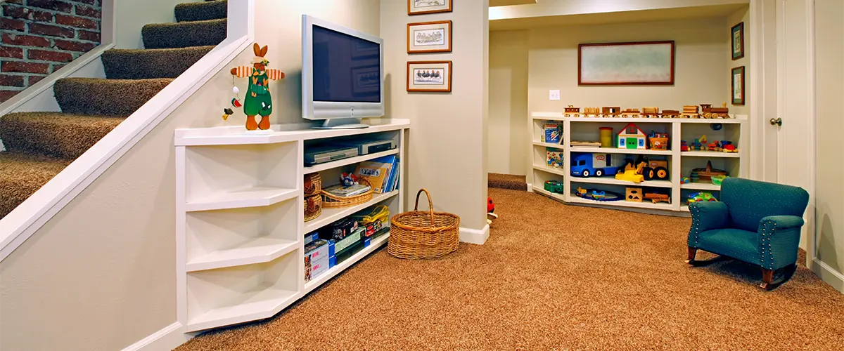 A dated basement with toys and carpet flooring