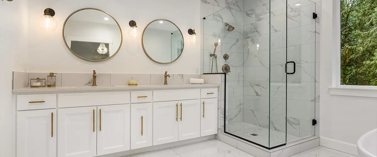 A large vanity with a glass shower