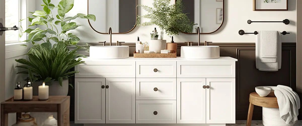 A white bathroom vanity with plants